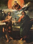Dosso Dossi The Madonna in the glory with the Holy Juan the Baptist and Juan the Evangelist oil on canvas